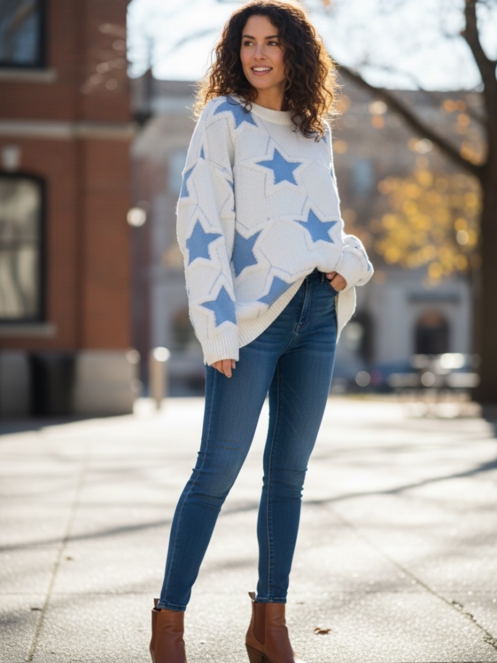 Blue Velvet Cozy White Sweater with Blue Stars